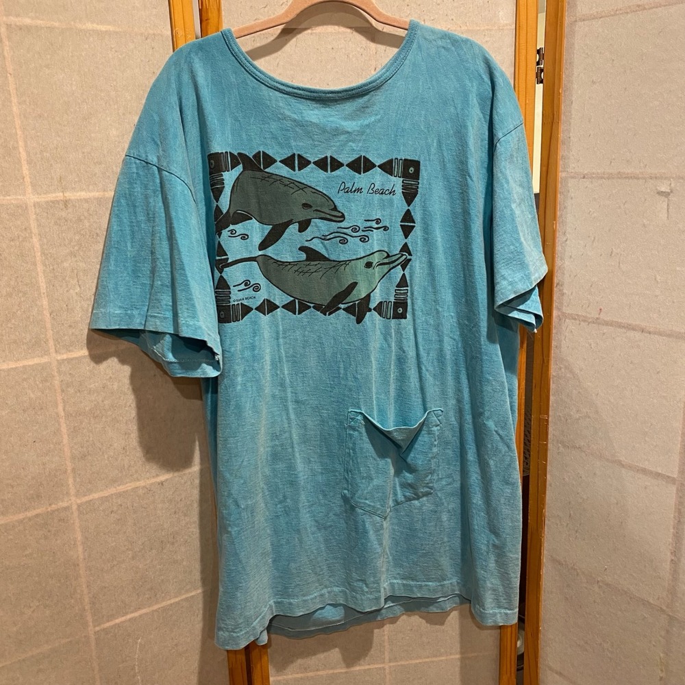 VTG Guava Beach Palm Beach‎ Dolphins Pocket Long T Shirt Aqua Blue USA OS